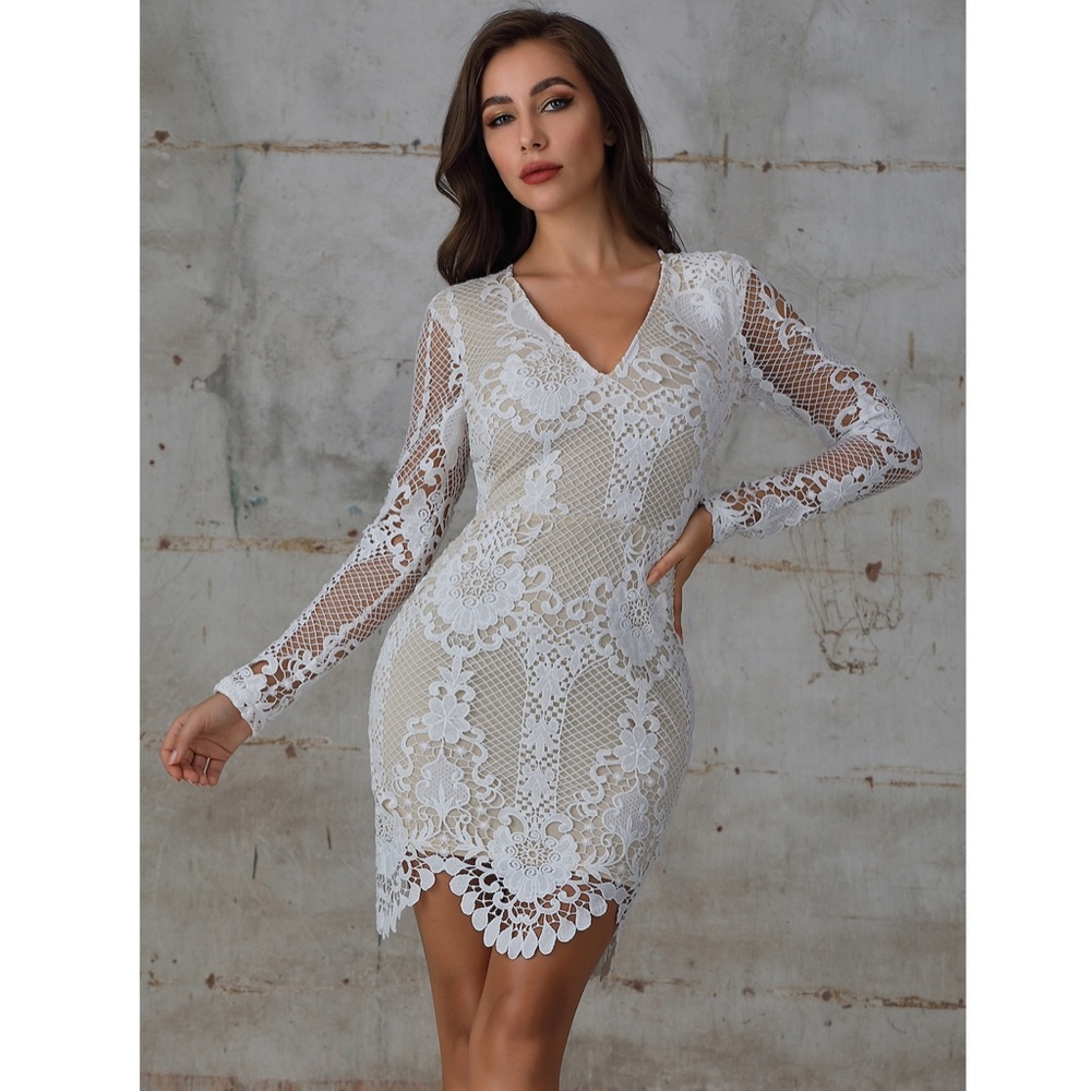 White Guipure V-Neck Bodycon Mini Dress - Picture 2 of 9